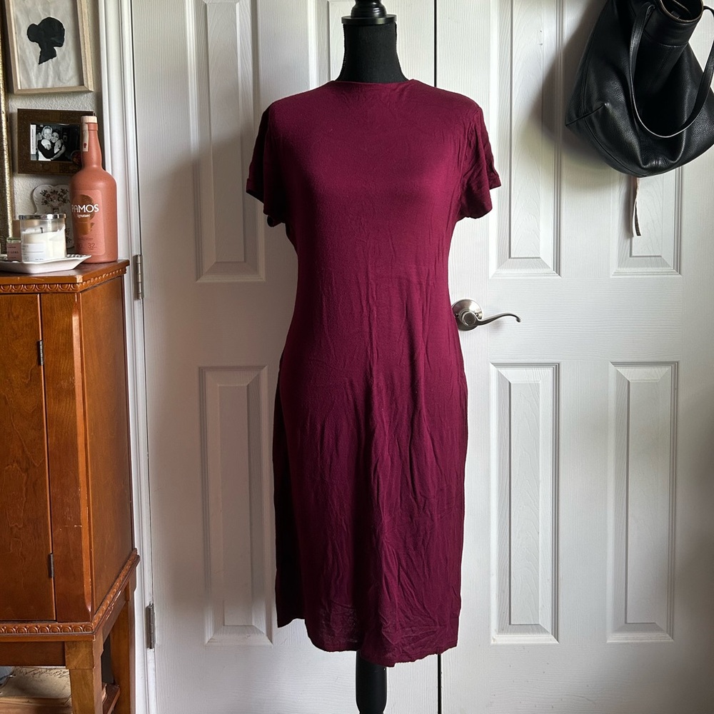 burgundy high neck short sleeve lagenlook minimalist shirt dress